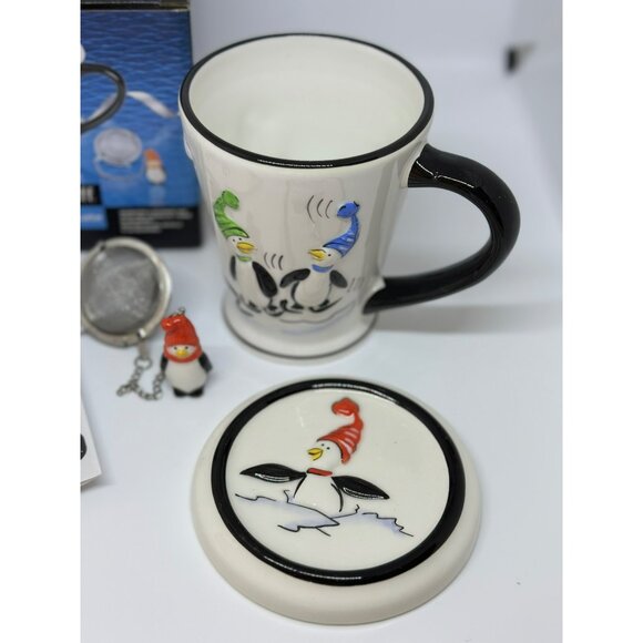 VTG Pfaltzgraff 2007 Penguin Skate Covered Mug 3.25" Infuser Coffee Tea Cup NOS - Picture 6 of 10